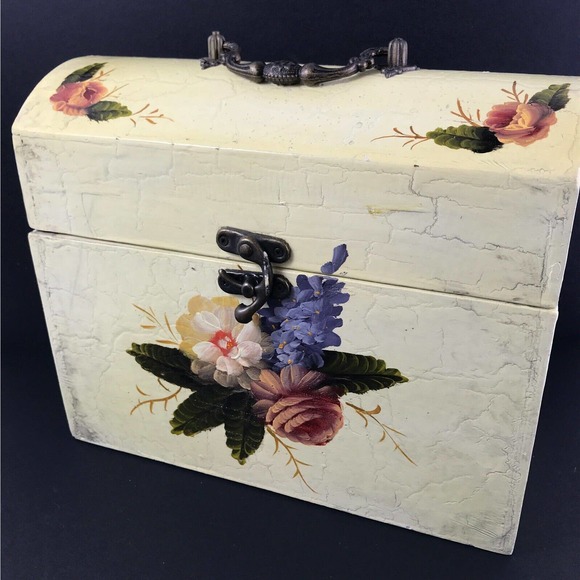 Antique-Like Small Lacquerware Box, Hand-Painted Yellow Flowers, Keepsake Chest - Picture 1 of 7